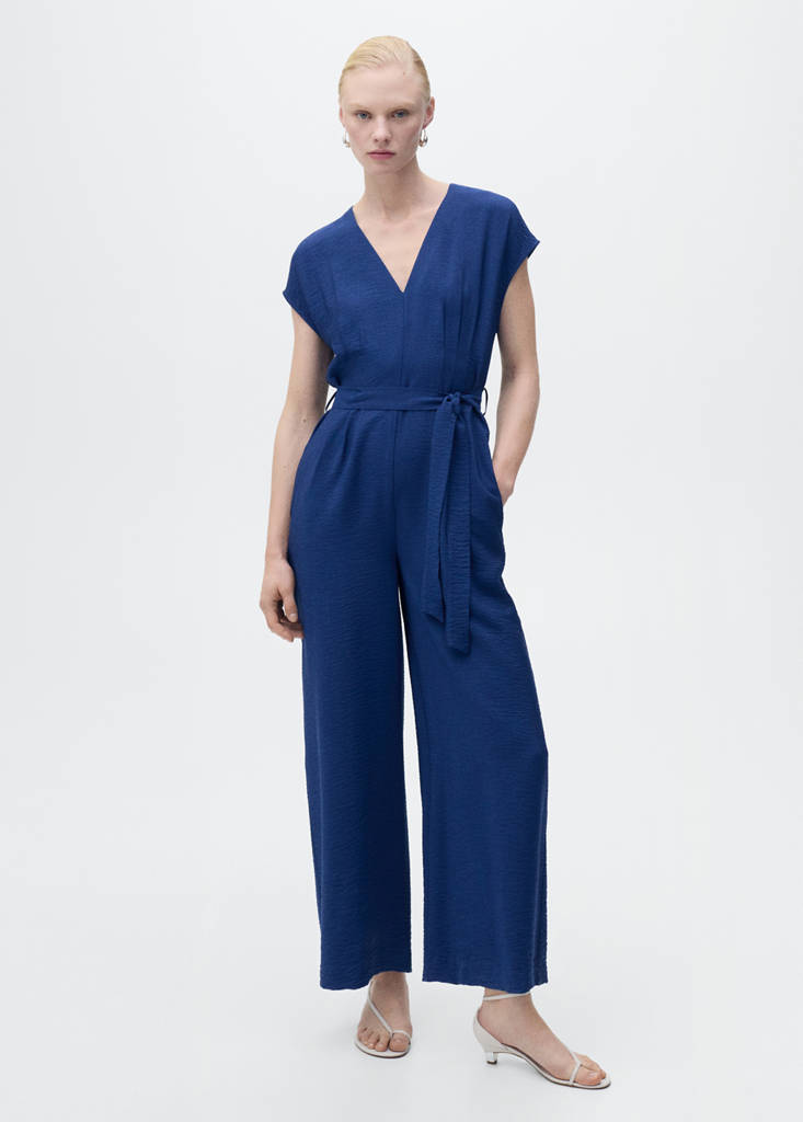 Printed long jumpsuit with belt — Ink Blue
