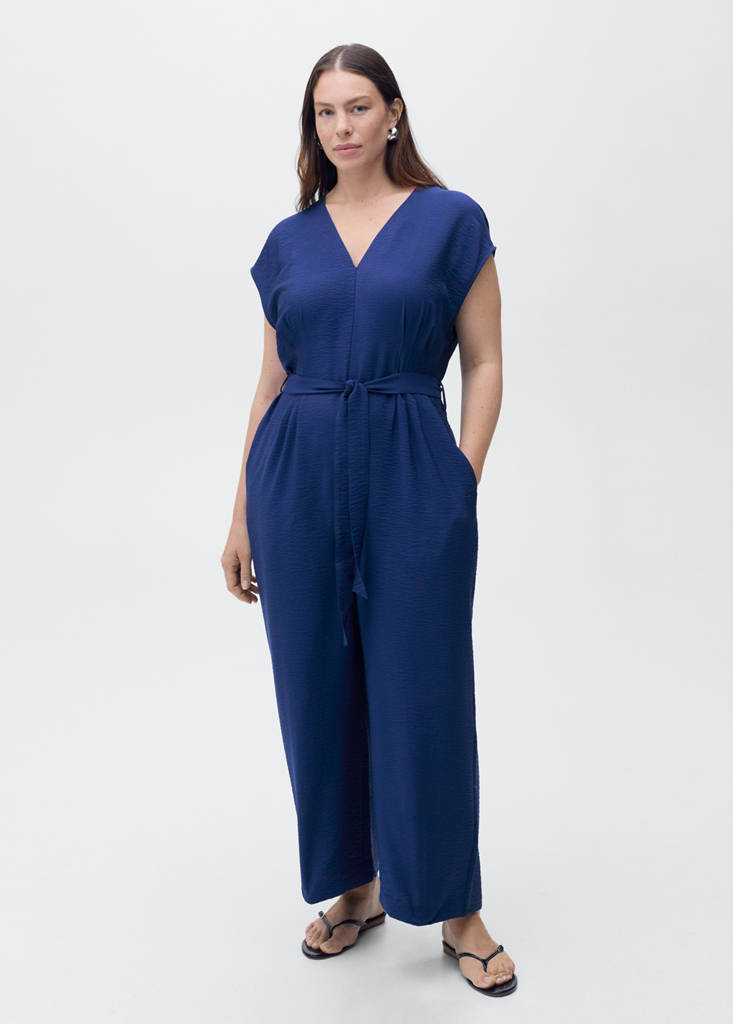 Printed long jumpsuit with belt — Ink Blue