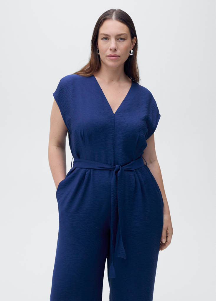 Printed long jumpsuit with belt — Ink Blue