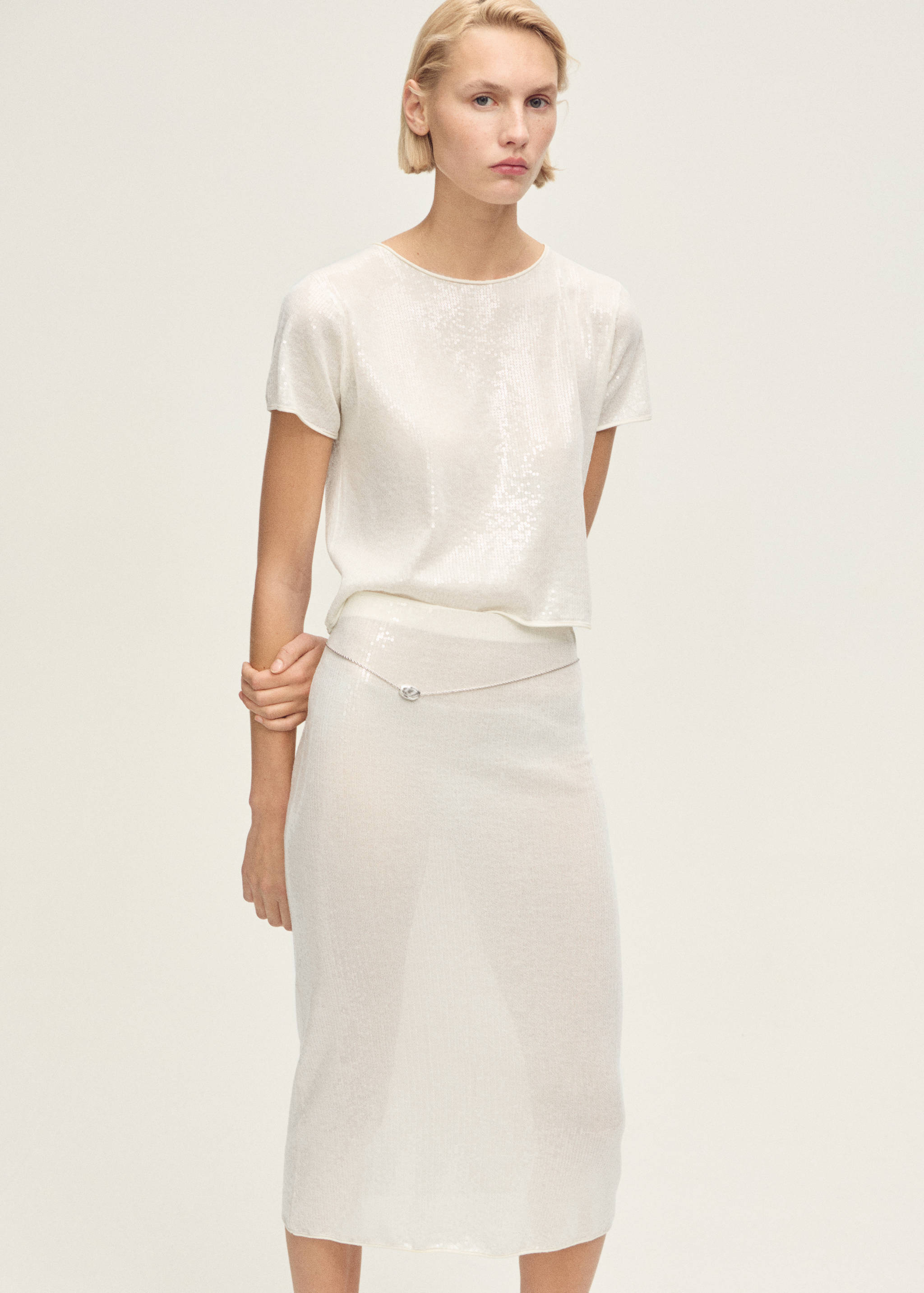 Pull maille manches courtes paillettes - Plan moyen