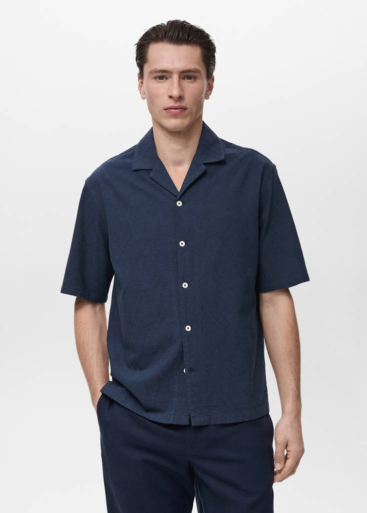 Shirt with embroidered bowling collar — Dark Navy