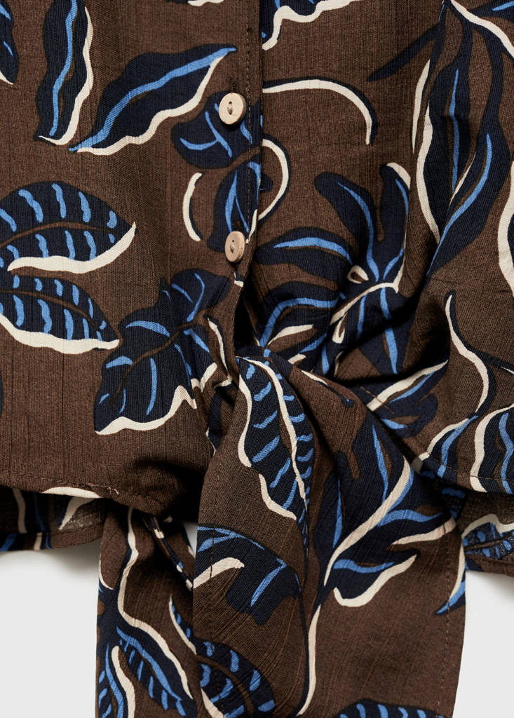 Printed crop shirt with knot detail — Brown