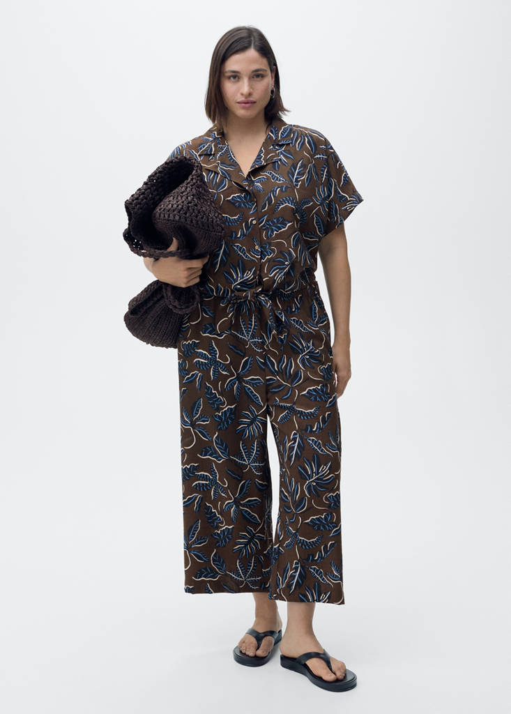 Printed crop shirt with knot detail — Brown