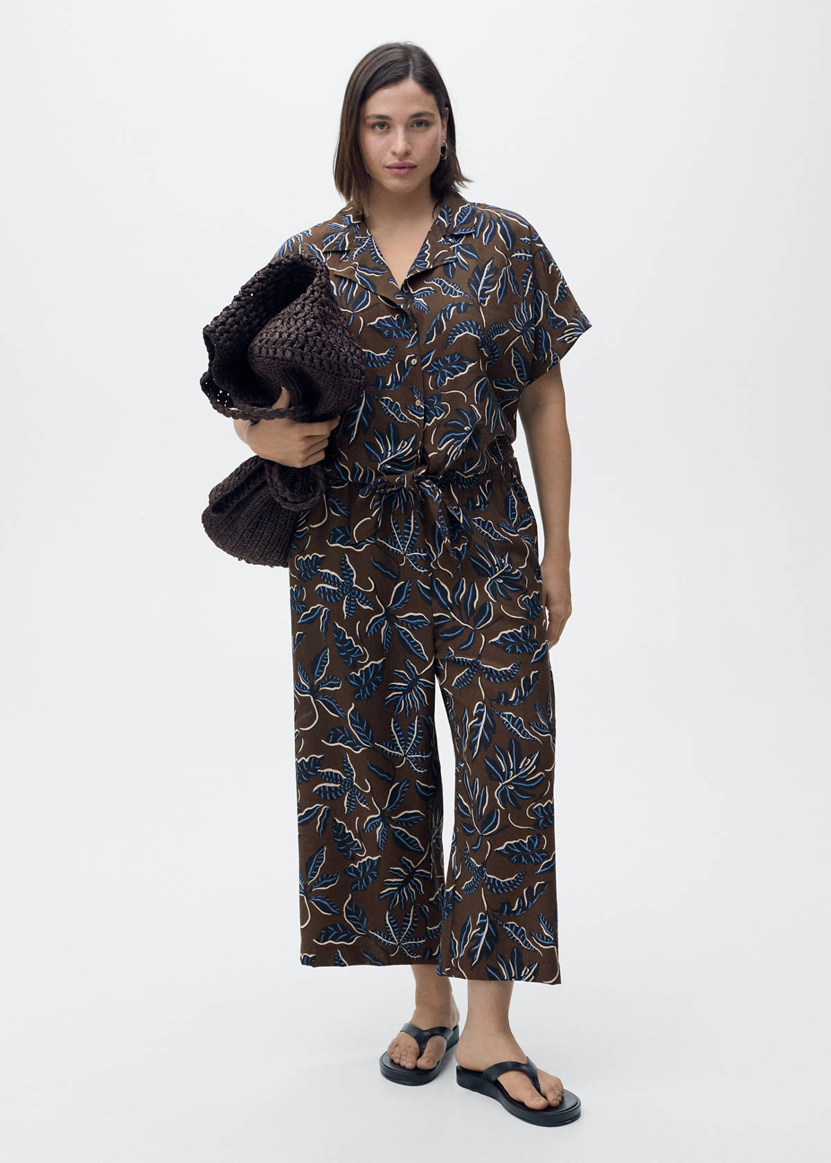 Printed crop shirt with knot detail — Brown