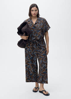 Printed crop shirt with knot detail — Brown 7