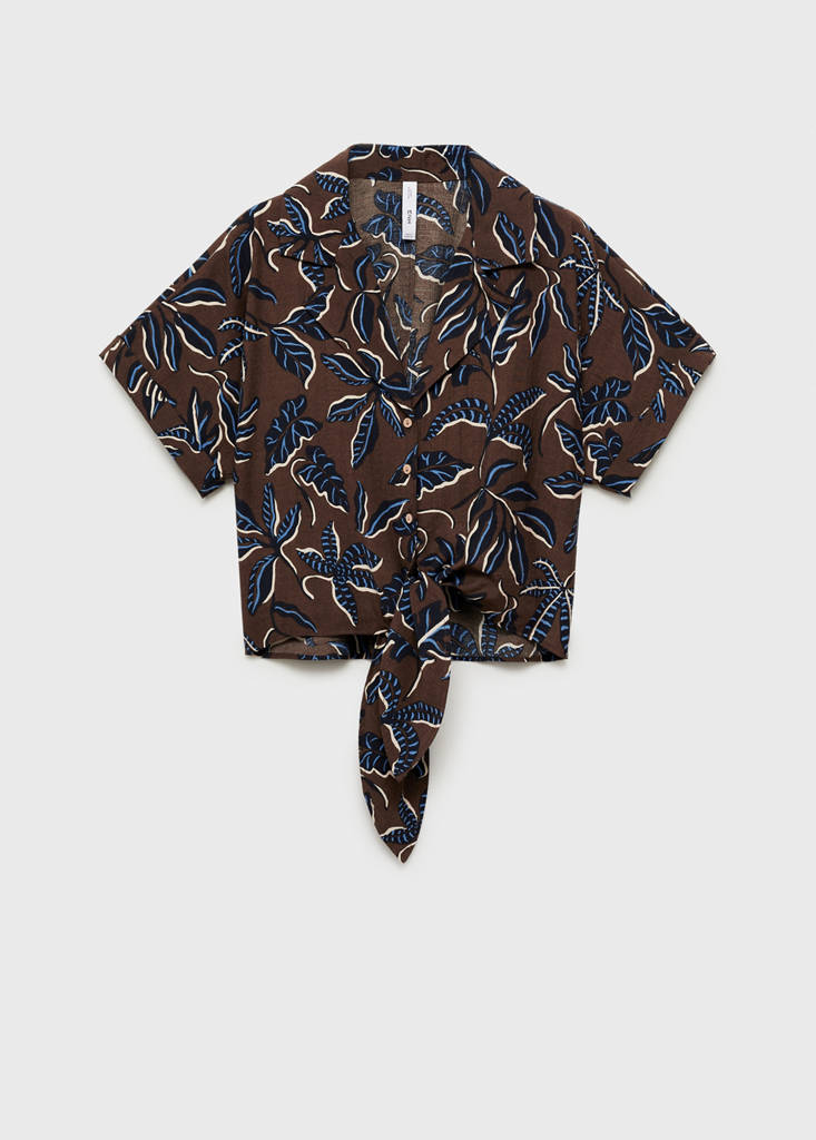 Printed crop shirt with knot detail — Brown
