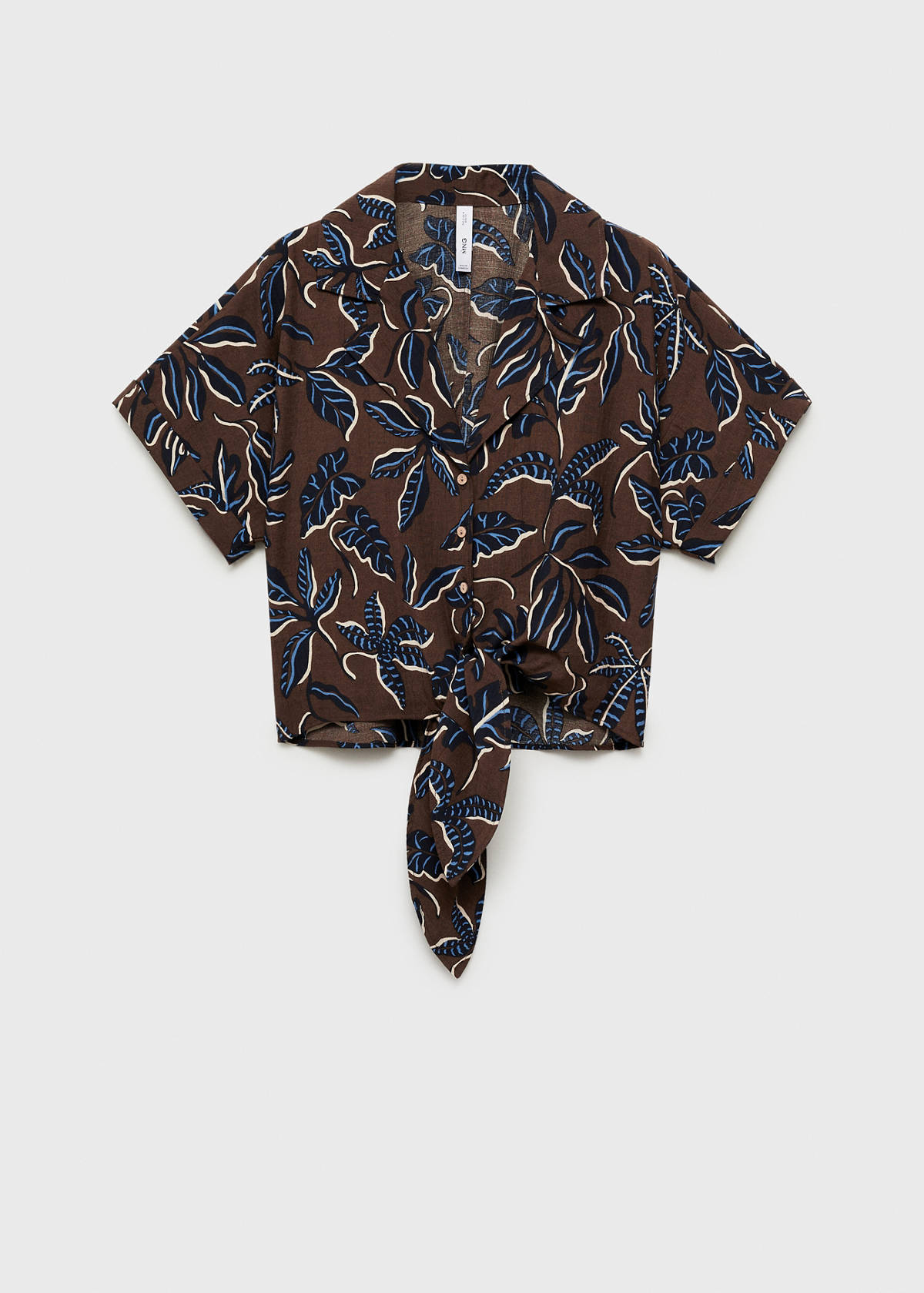 Printed crop shirt with knot detail — Brown