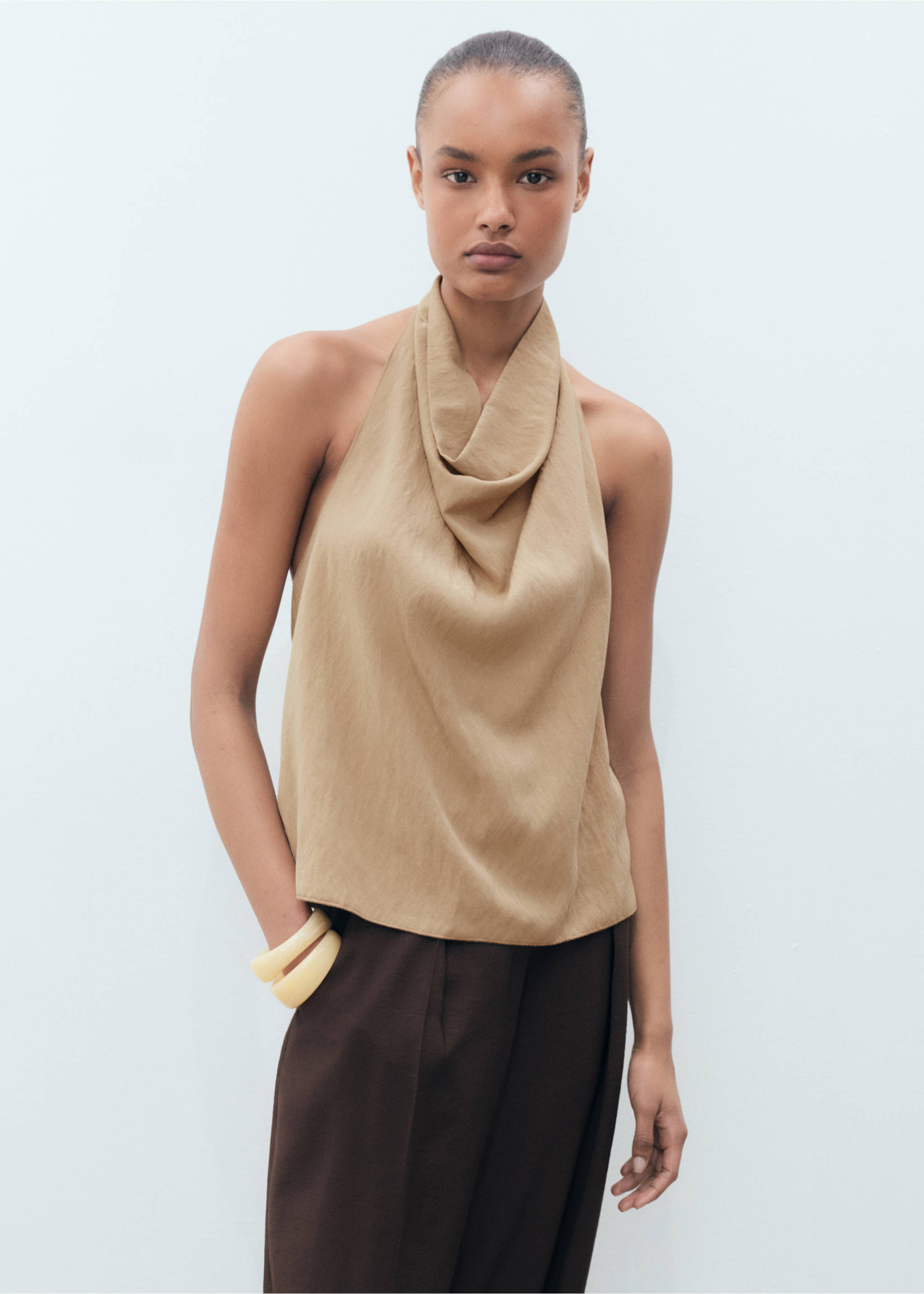 Lyocell top with draped neck - Medium plane, Beige. Ref: 87049063-00.