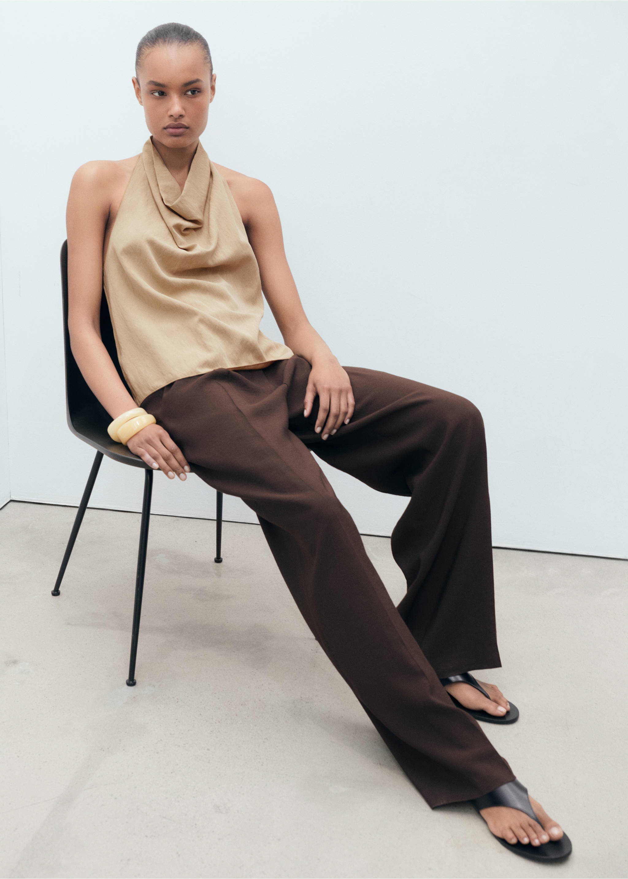 Lyocell top with draped neck - Details of the article 3, Beige. Ref: 87049063-00.