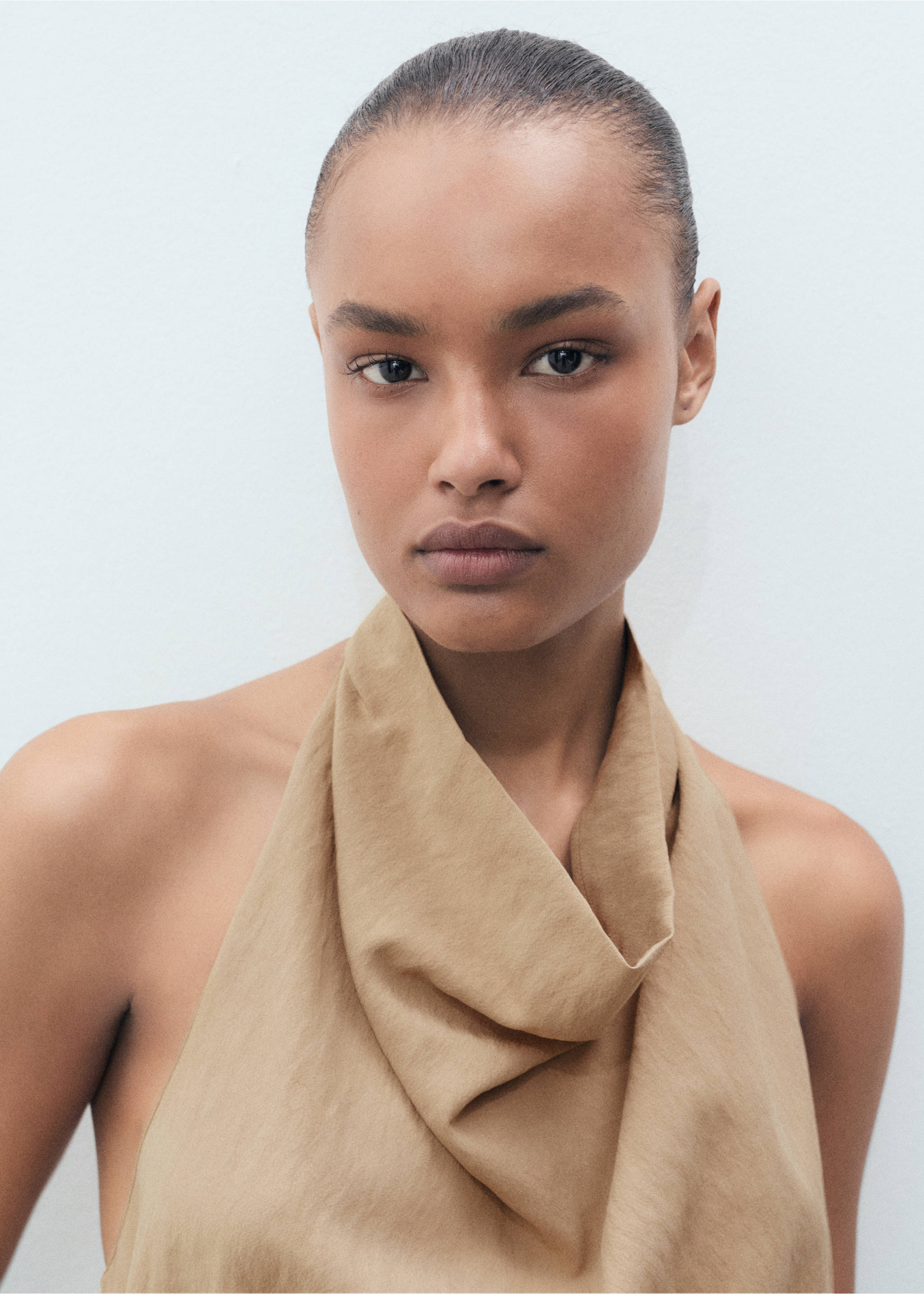 Lyocell top with draped neck - Details of the article 2, Beige. Ref: 87049063-00.