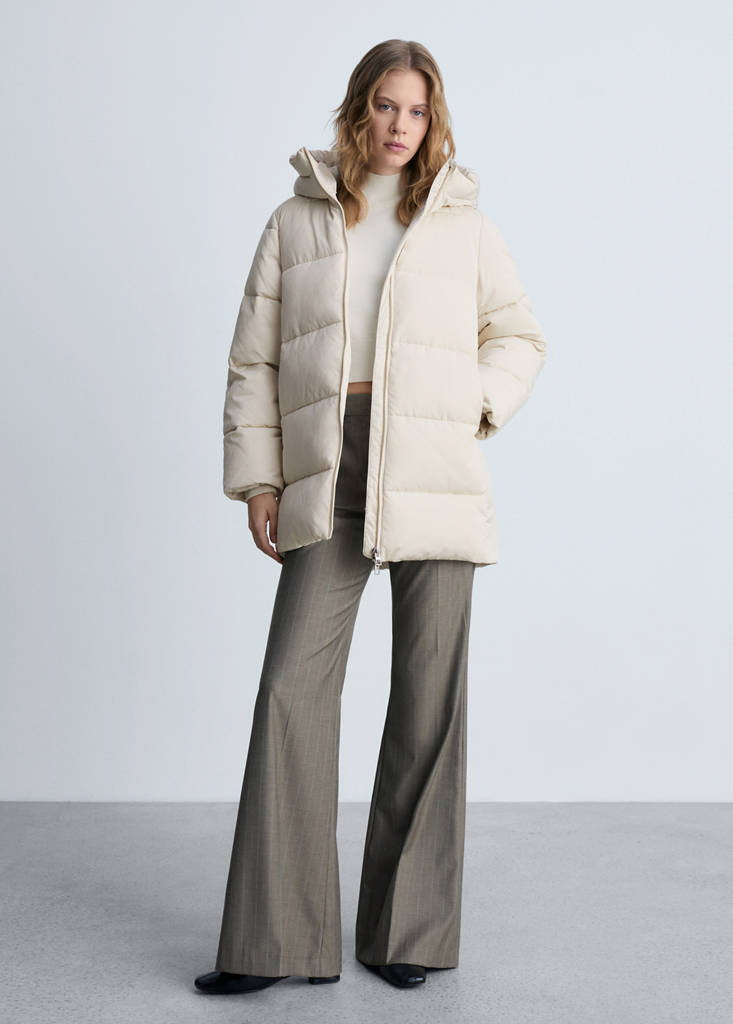 Midi quilted anorak with hood — Ecru