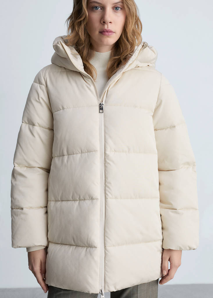 Midi quilted anorak with hood — Ecru