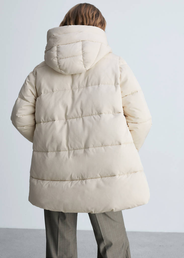 Midi quilted anorak with hood — Ecru