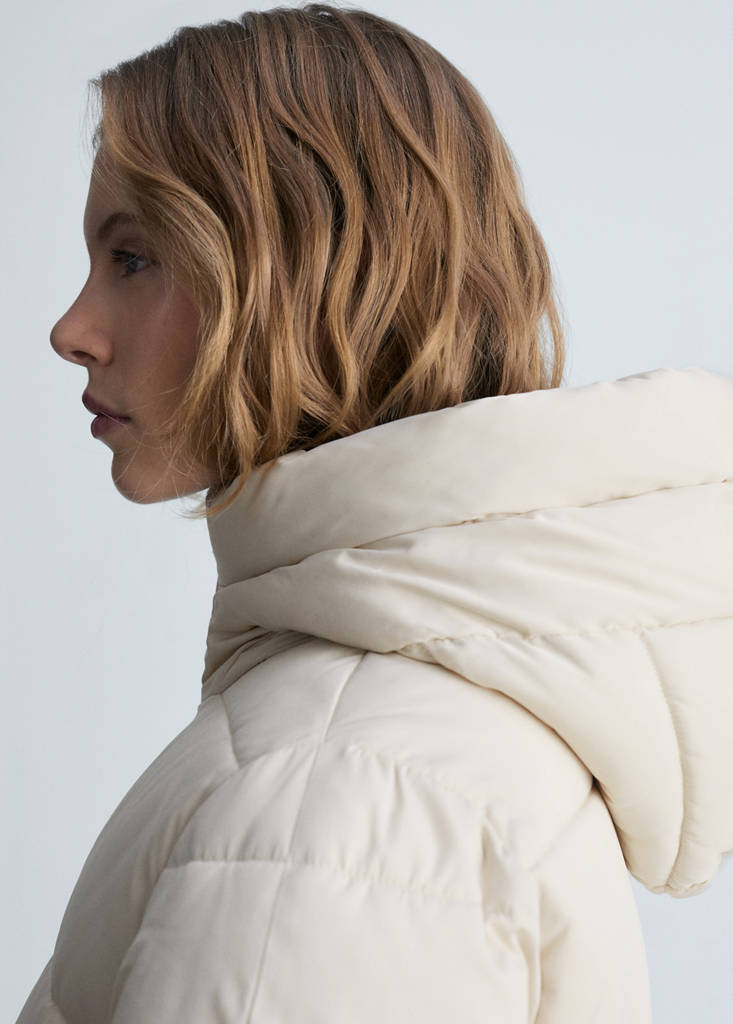 Midi quilted anorak with hood — Ecru