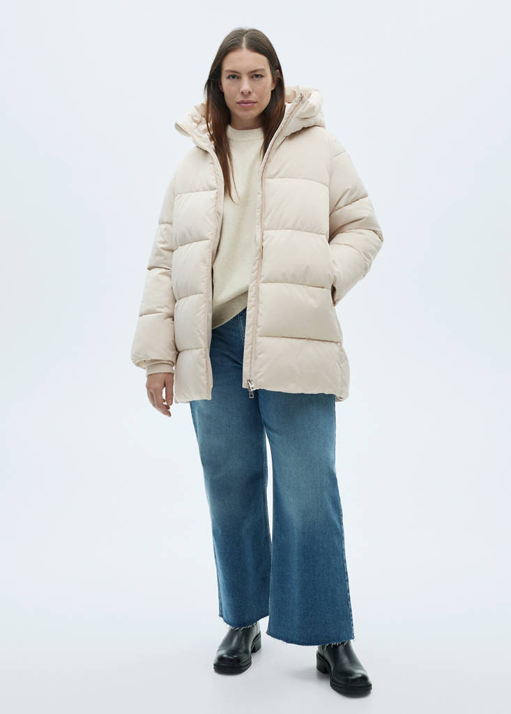 Midi quilted anorak with hood — Ecru