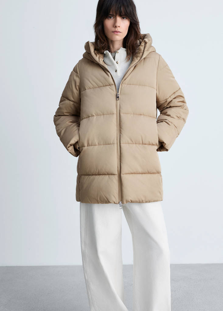Midi quilted anorak with hood — Beige
