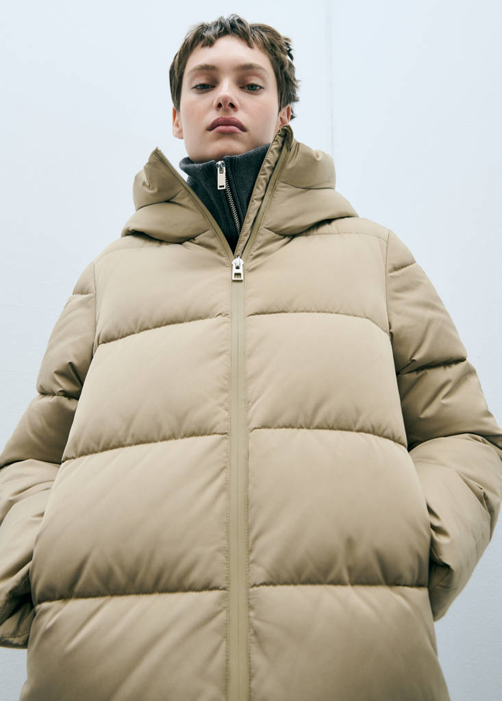 Midi quilted anorak with hood — Beige