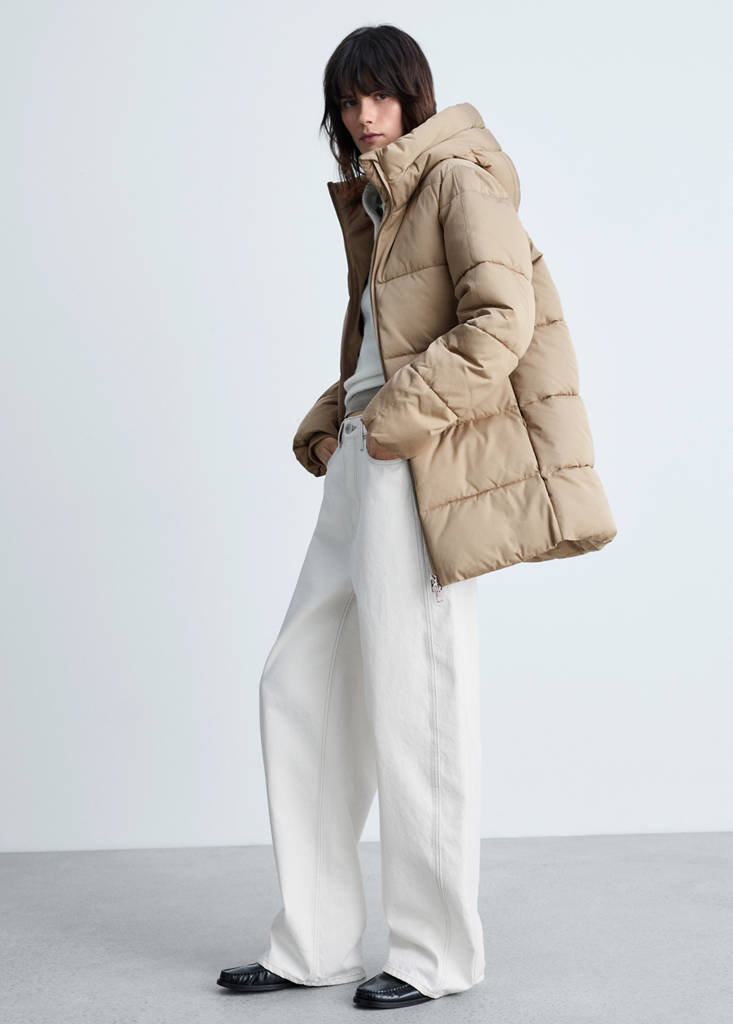 Midi quilted anorak with hood — Beige