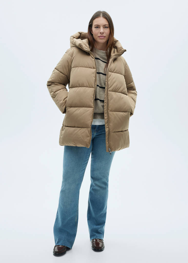 Midi quilted anorak with hood — Beige