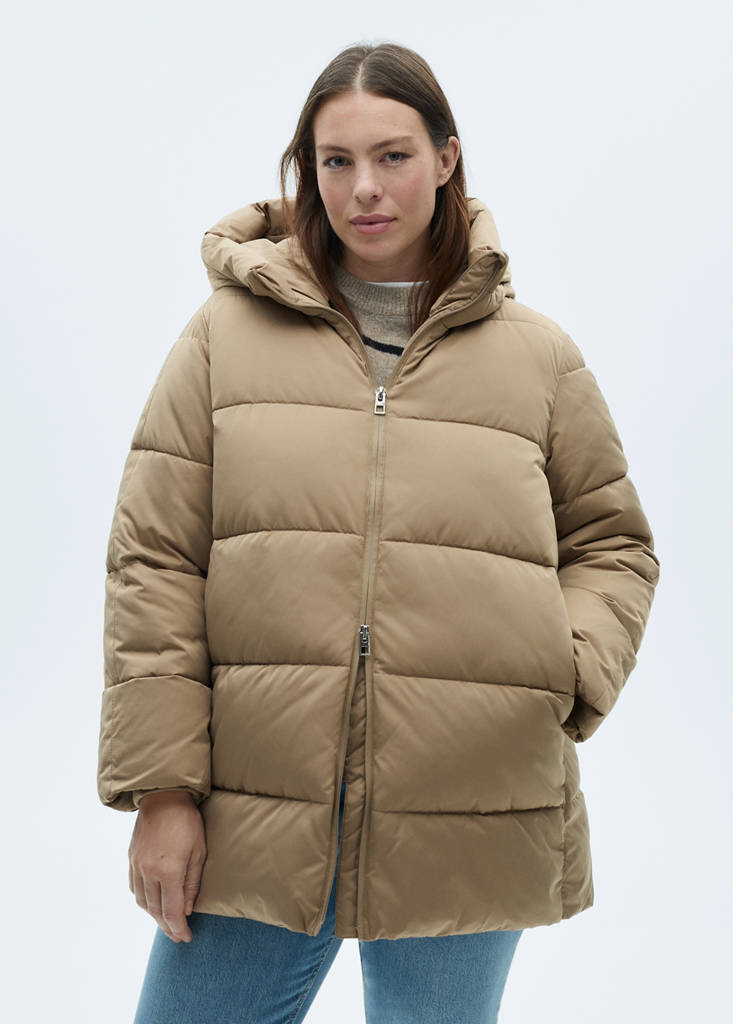 Midi quilted anorak with hood — Beige