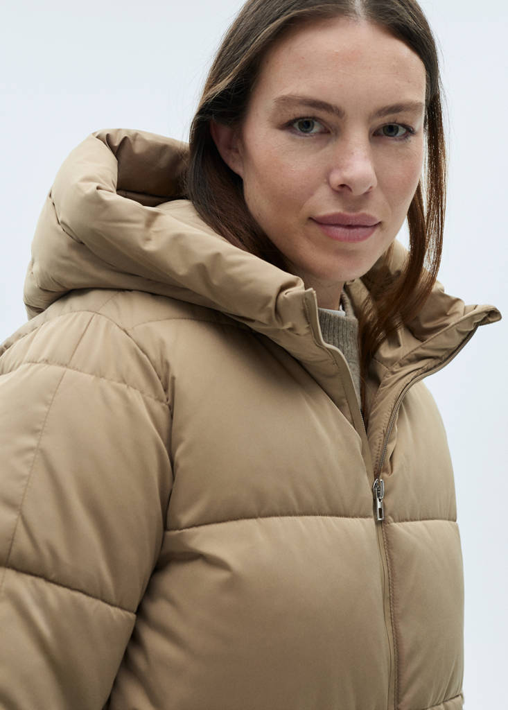 Midi quilted anorak with hood — Beige