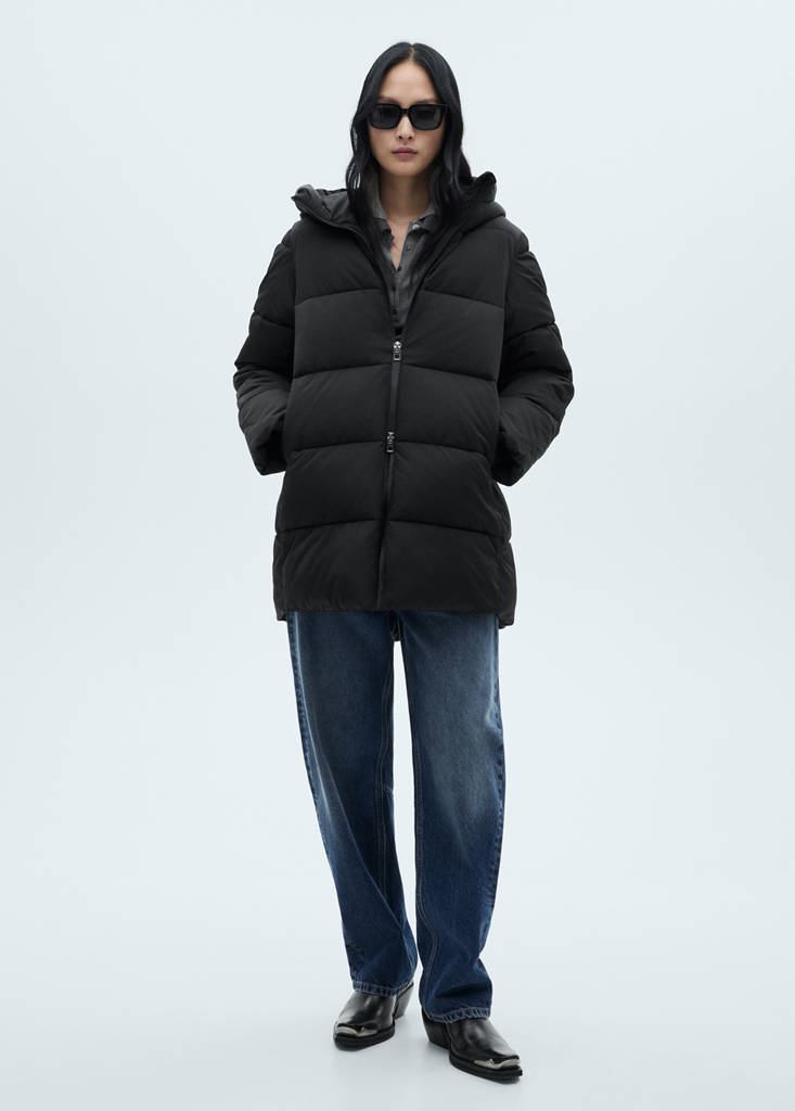Midi quilted anorak with hood — Black