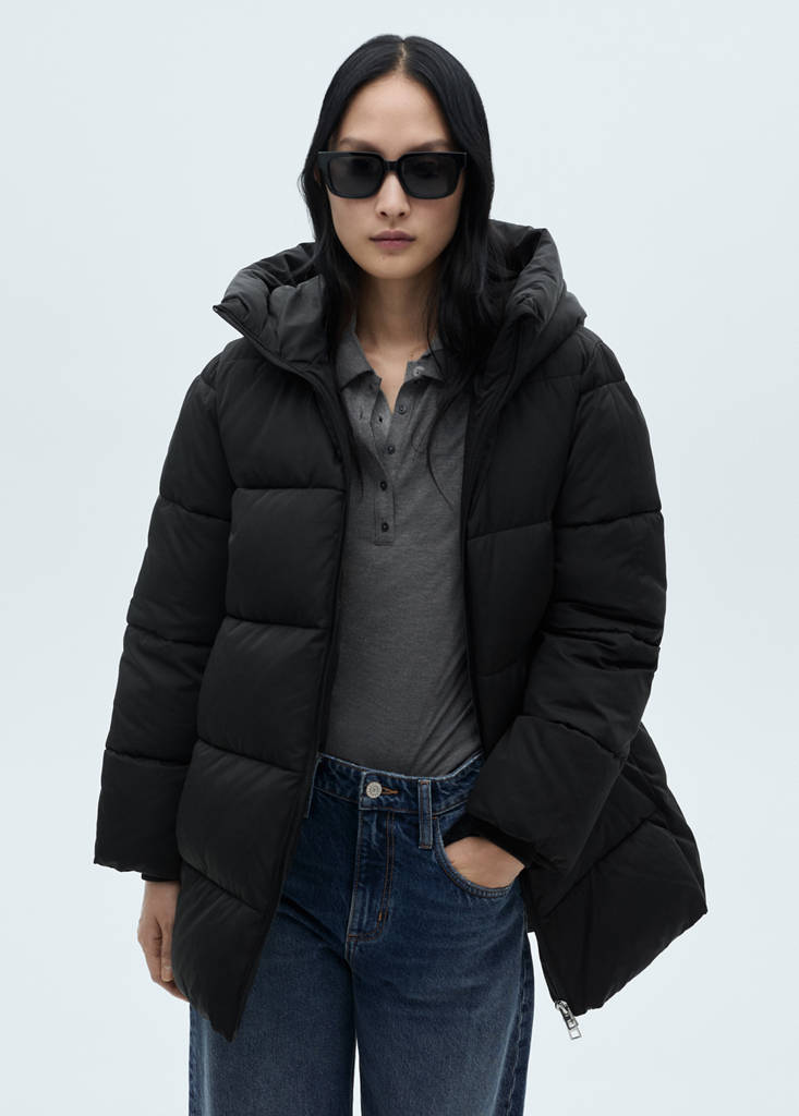 Midi quilted anorak with hood — Black