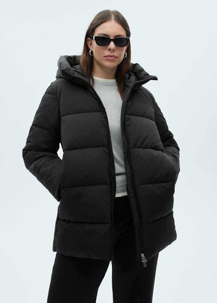 Midi quilted anorak with hood — Black