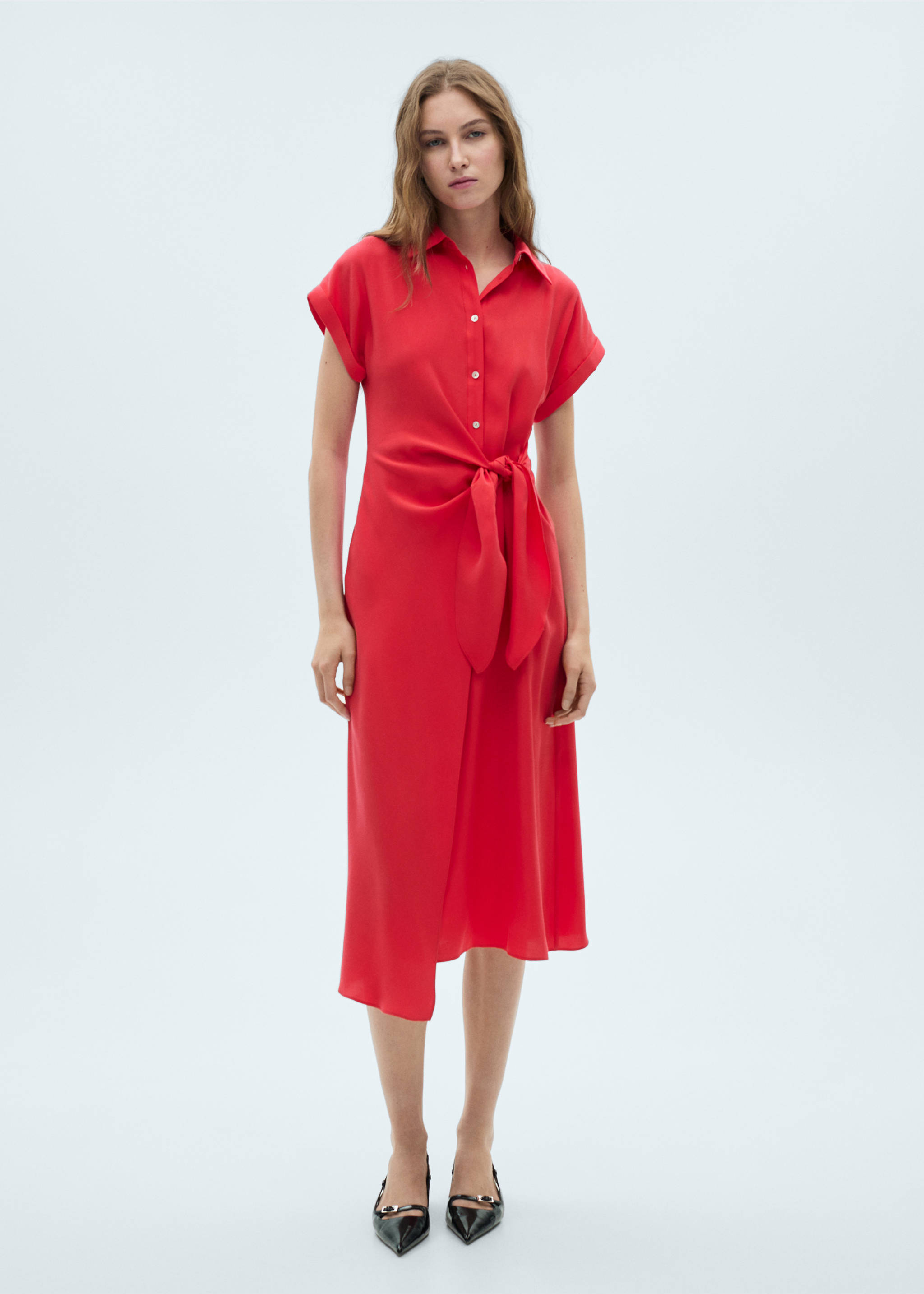 Vestido camisero cruzado - Plano general, Rojo coral. Ref: 87050583-00.
