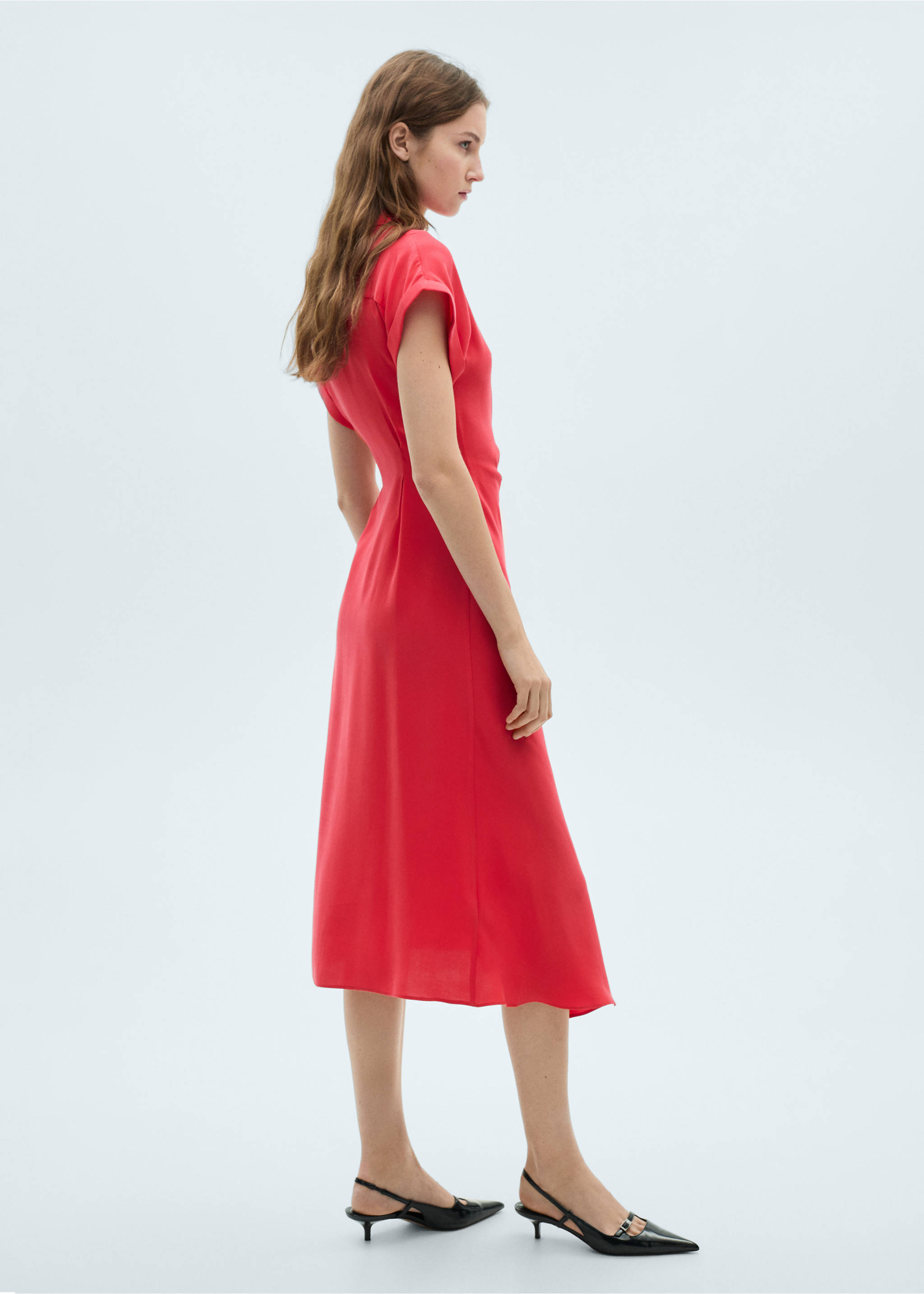 Vestido camisero cruzado - Reverso del artículo, Rojo coral. Ref: 87050583-00.