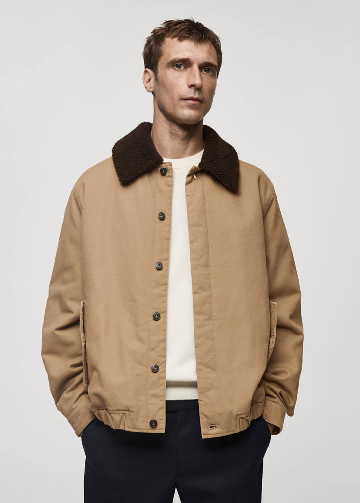 Quilted jacket with sheepskin collar — Medium Brown