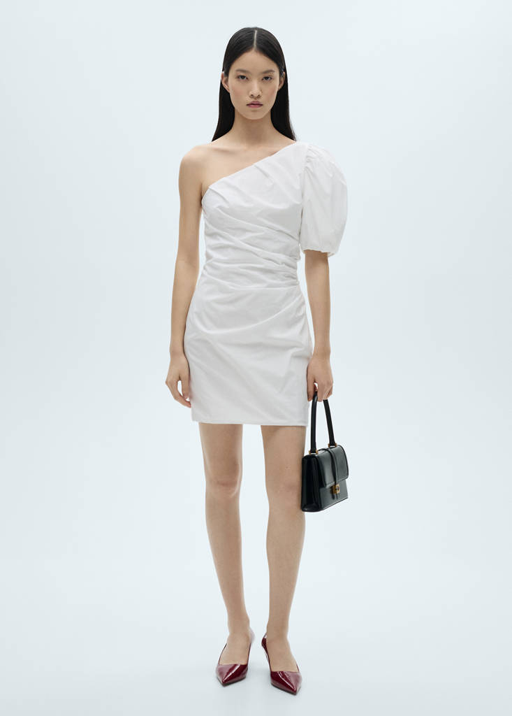 MANGO - Robe asymétrique manches bouffantes blanc - XS