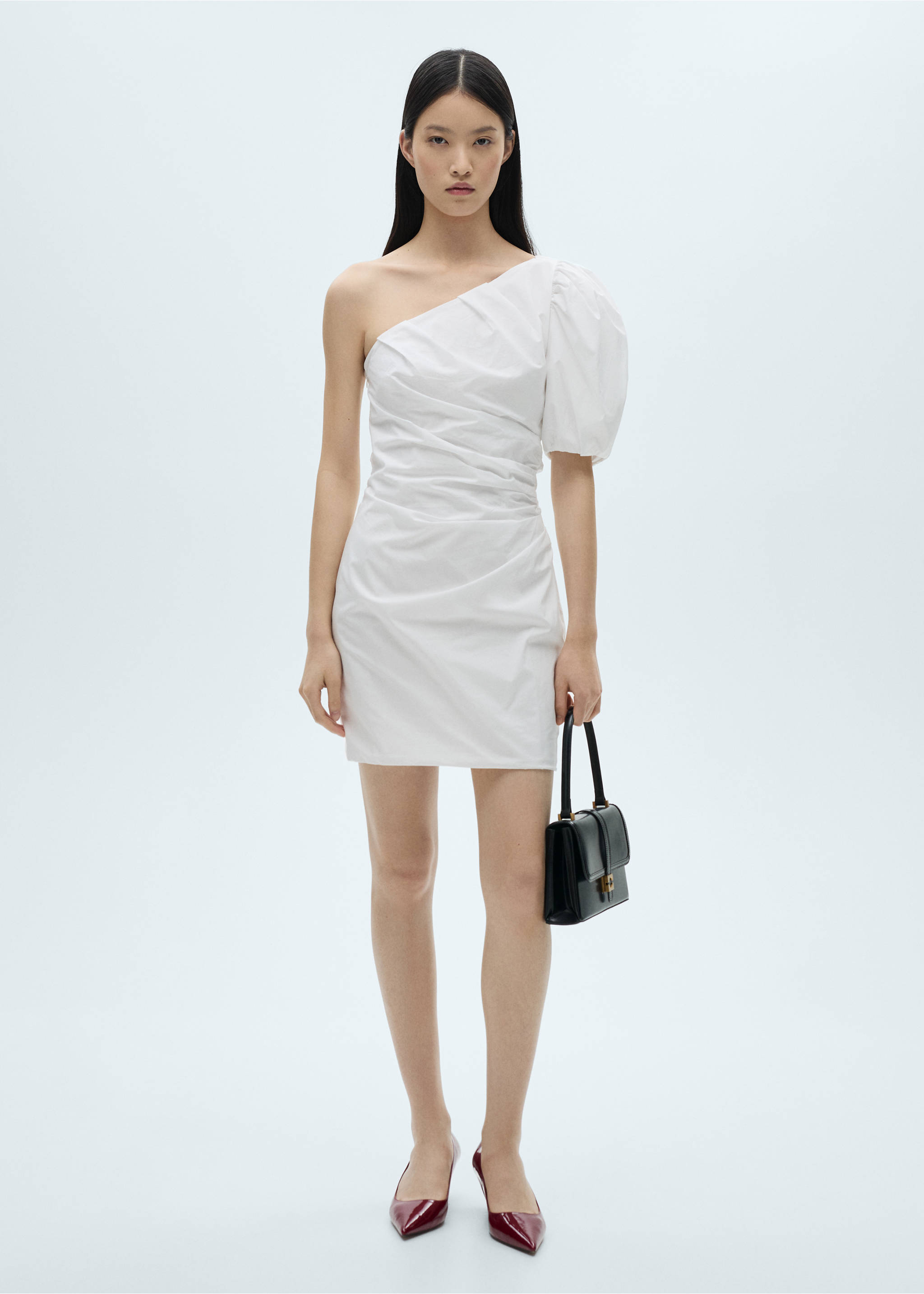 Asymmetrical puff-sleeve dress - General plane, White. Ref: 87052532-00.