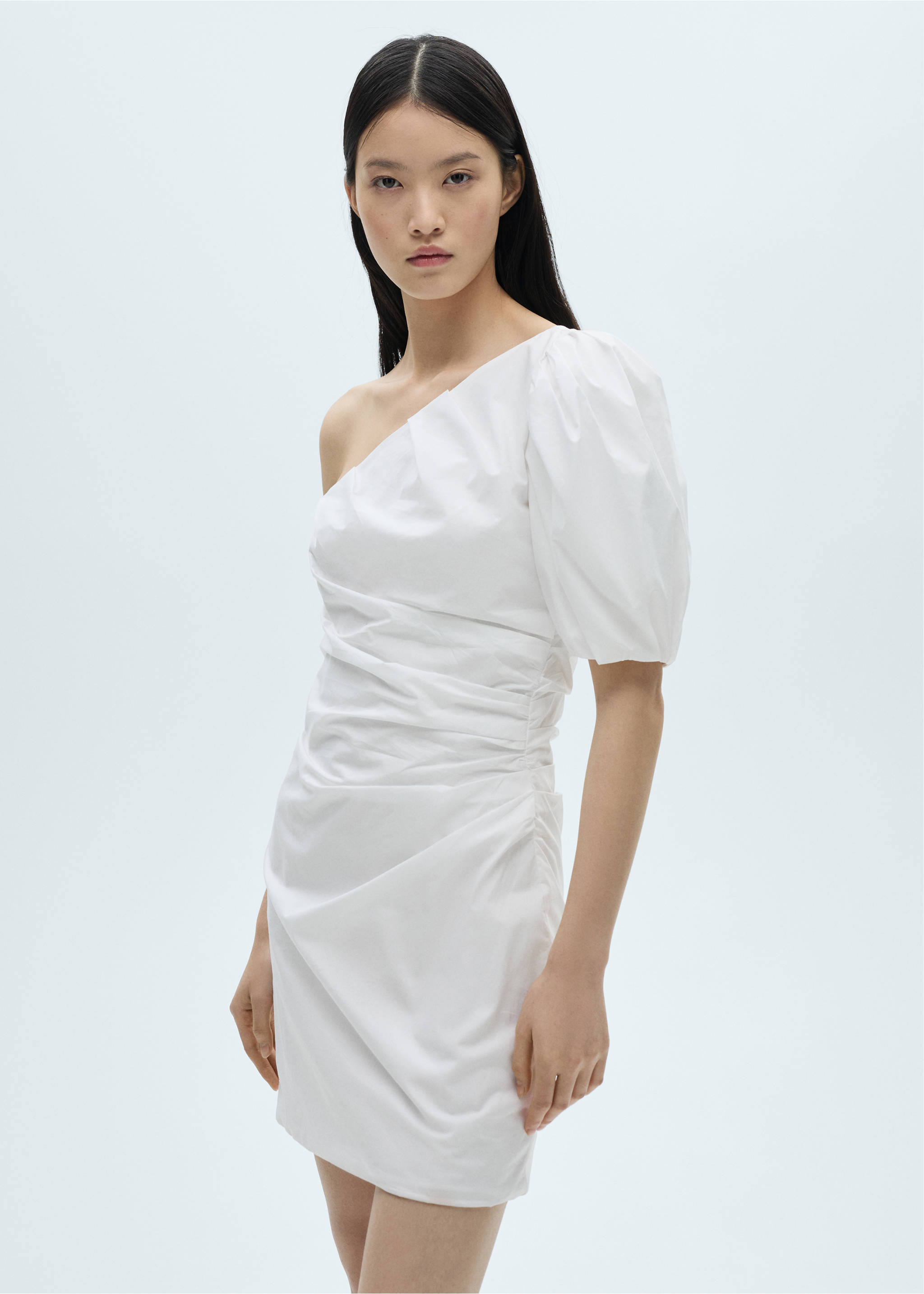 Asymmetrical puff-sleeve dress - Medium plane, White. Ref: 87052532-00.