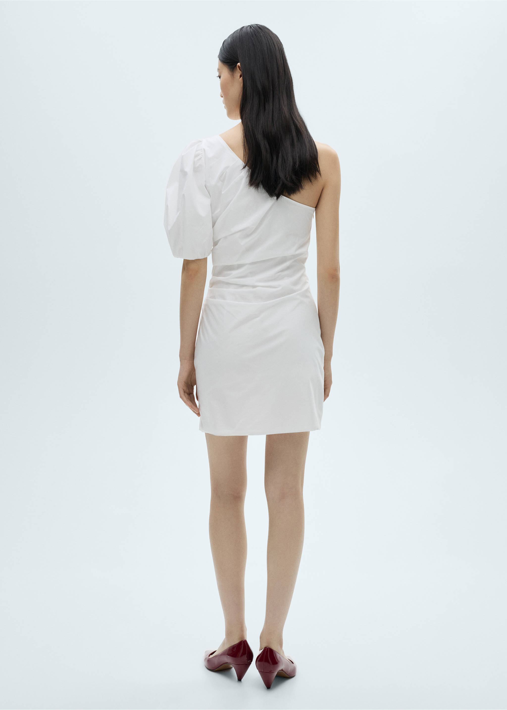 Asymmetrical puff-sleeve dress - Reverse of the article, White. Ref: 87052532-00.