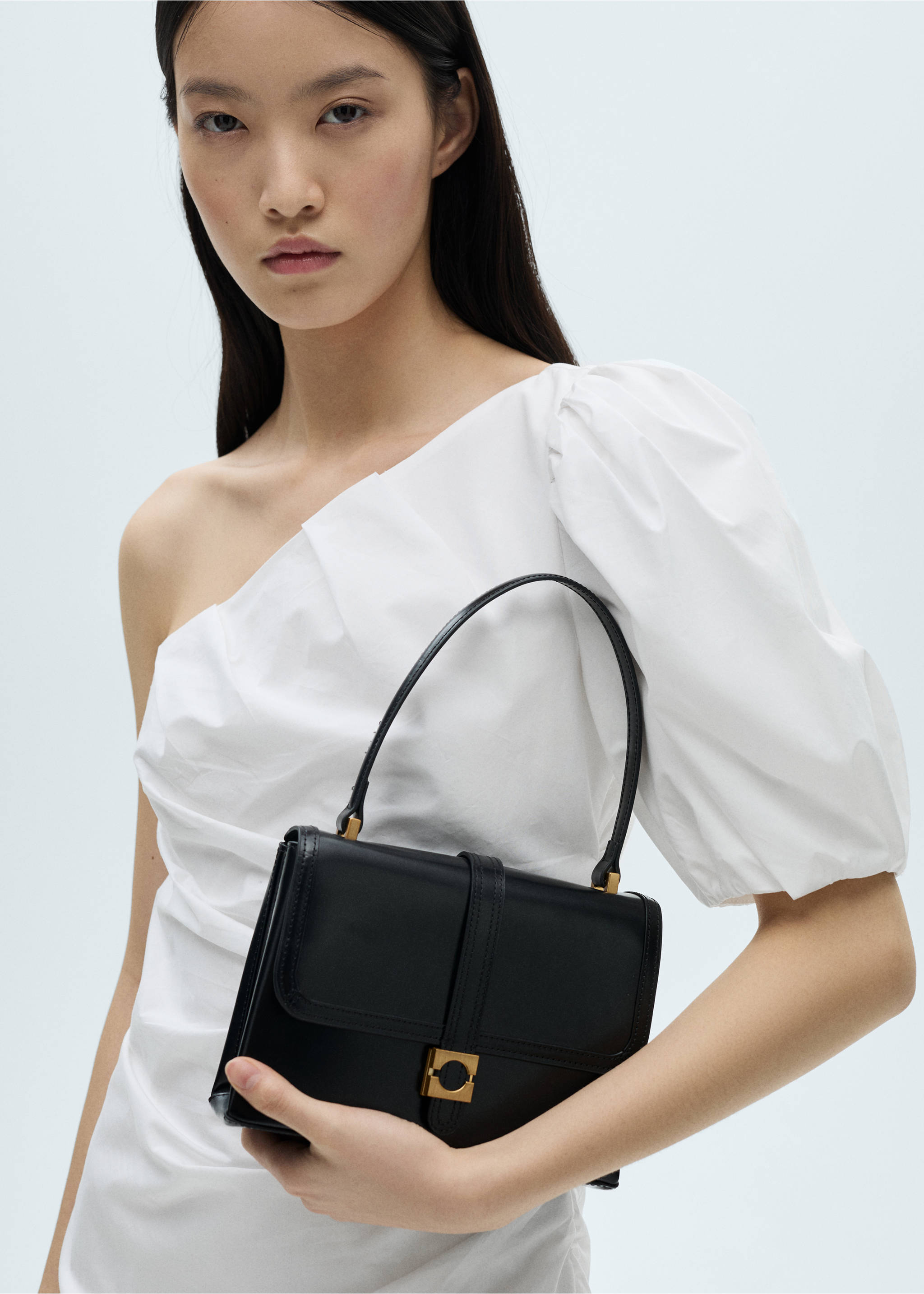 Asymmetrical puff-sleeve dress - Details of the article 1, White. Ref: 87052532-00.