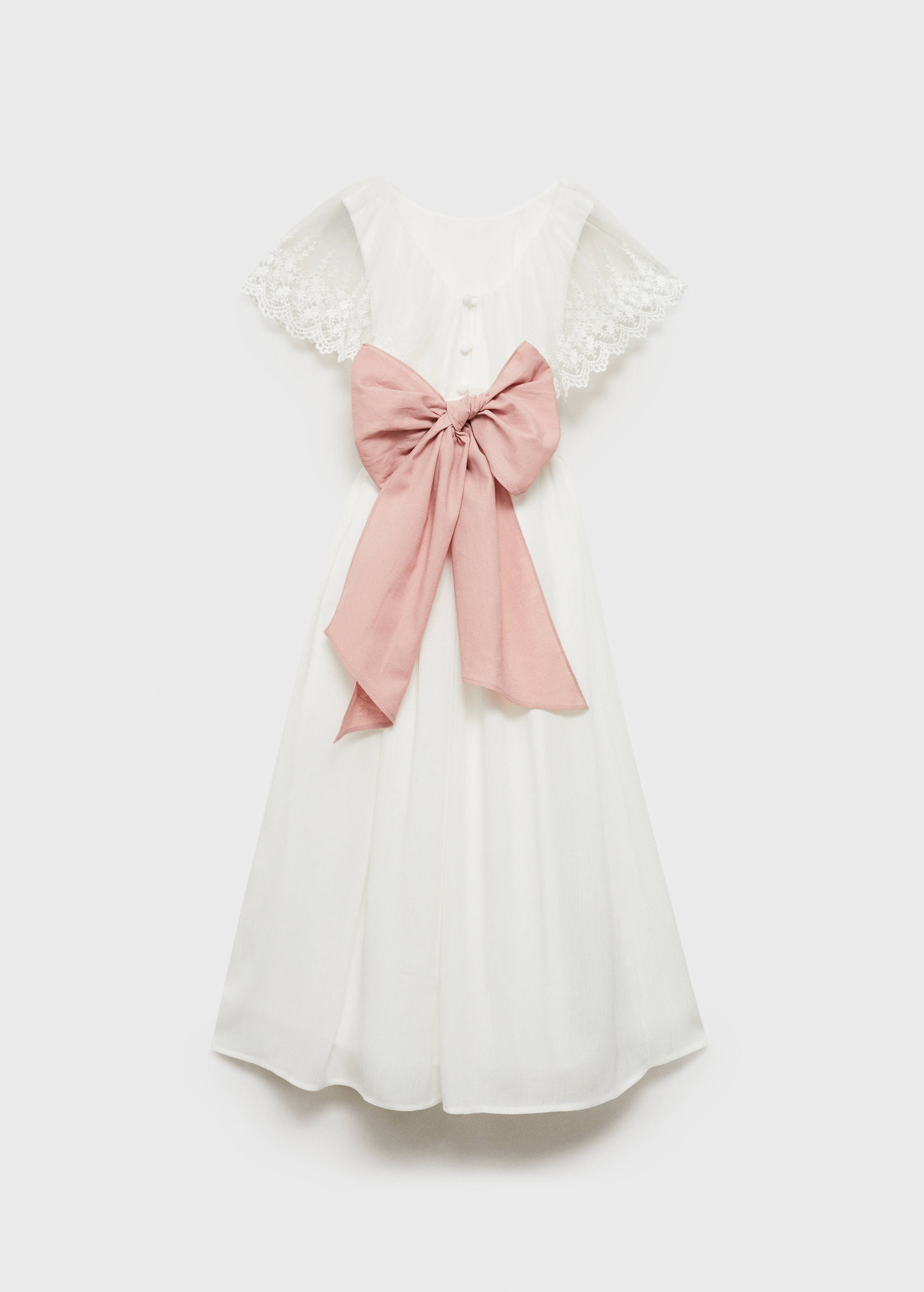 White dress with lace sleeves and a pink bow, back view.