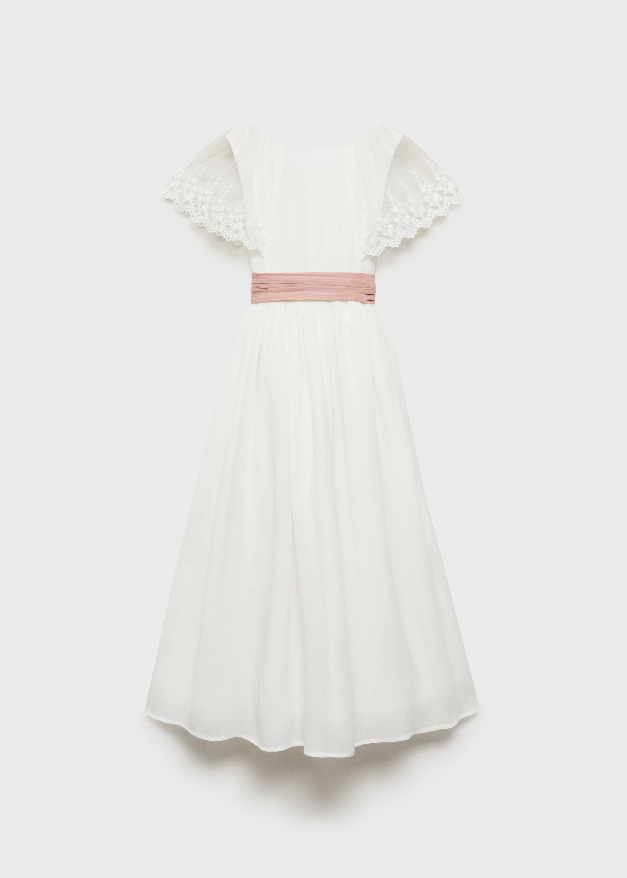 White kids dress with lace flutter sleeves and a pink sash