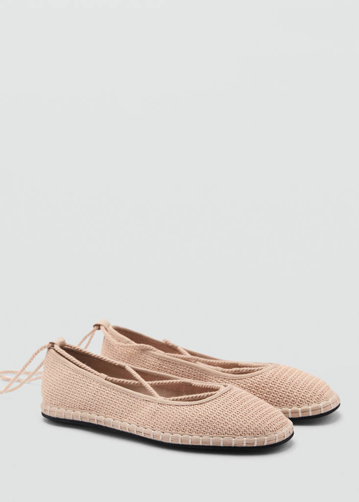 Textured lace-up ballerinas — Beige