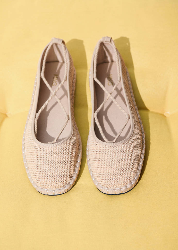 Textured lace-up ballerinas — Beige