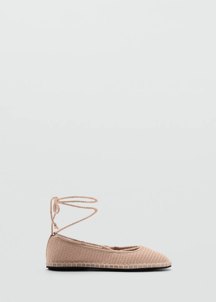 Textured lace-up ballerinas — Beige