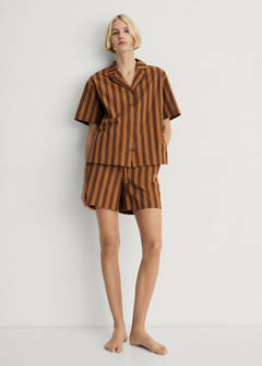 Two-tone woven striped short shirt — Brown 2