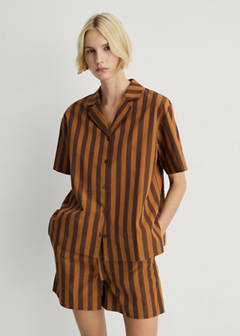 Two-tone woven striped short shirt — Brown 1