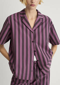Two-tone woven striped short shirt — Plum 10