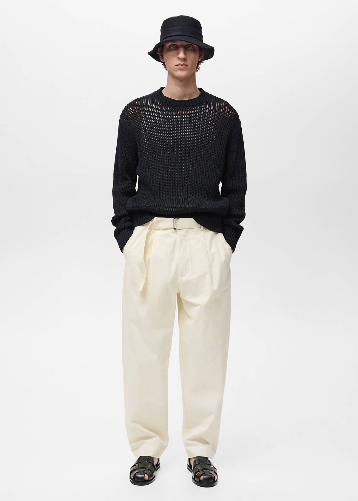 Relaxed-fit trousers with belt — Ecru