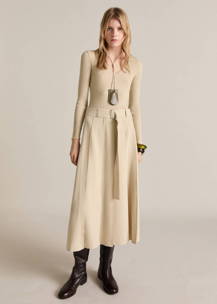 MANGO - Robe à ceinture tissu combiné écru - M