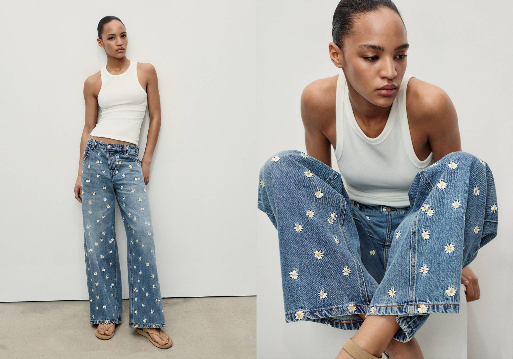 Flower-embroidered wide leg jeans - Panoramic plane