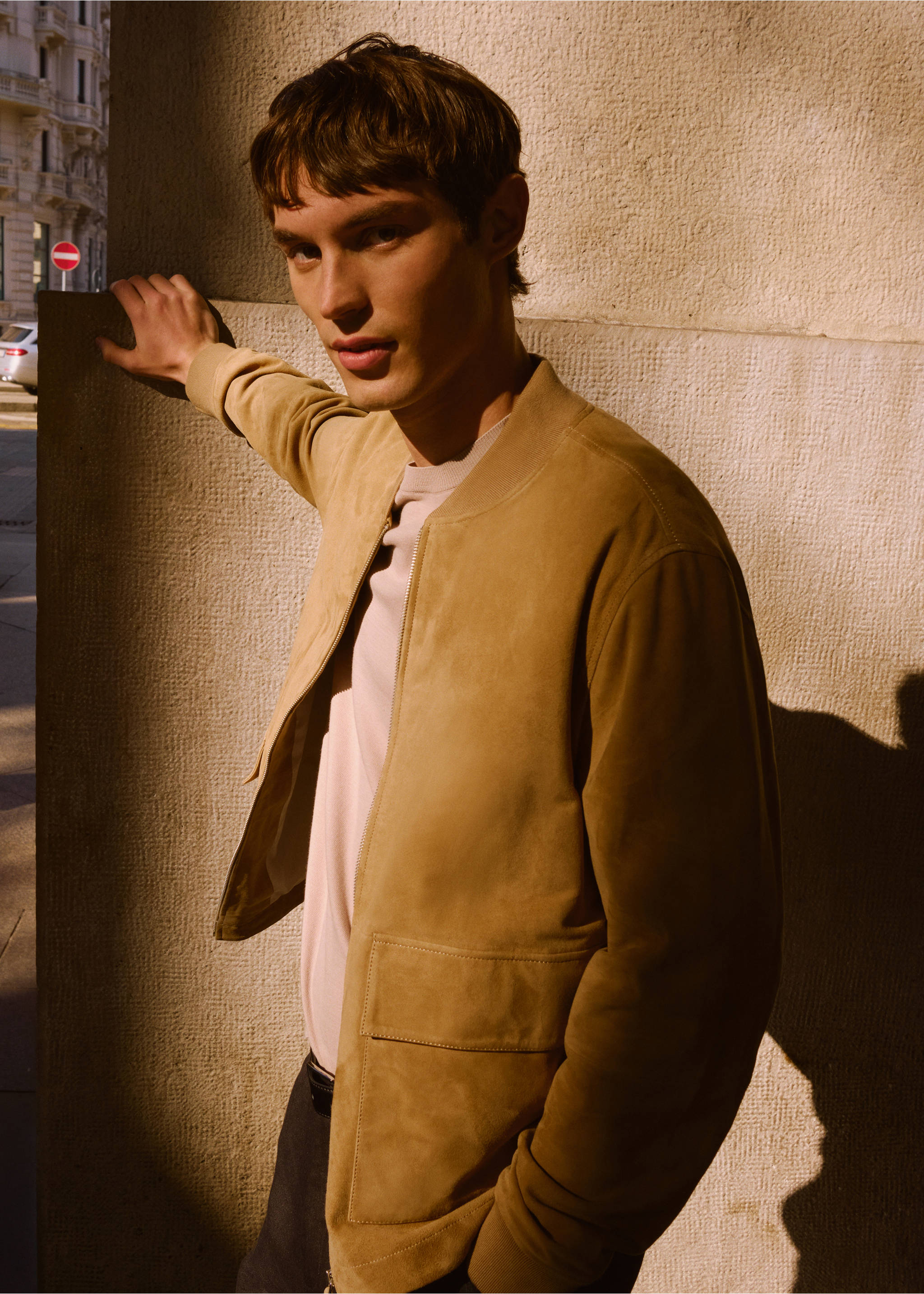 Suede leather bomber jacket - Details of the article 3, Beige. Ref: 87055917-00.