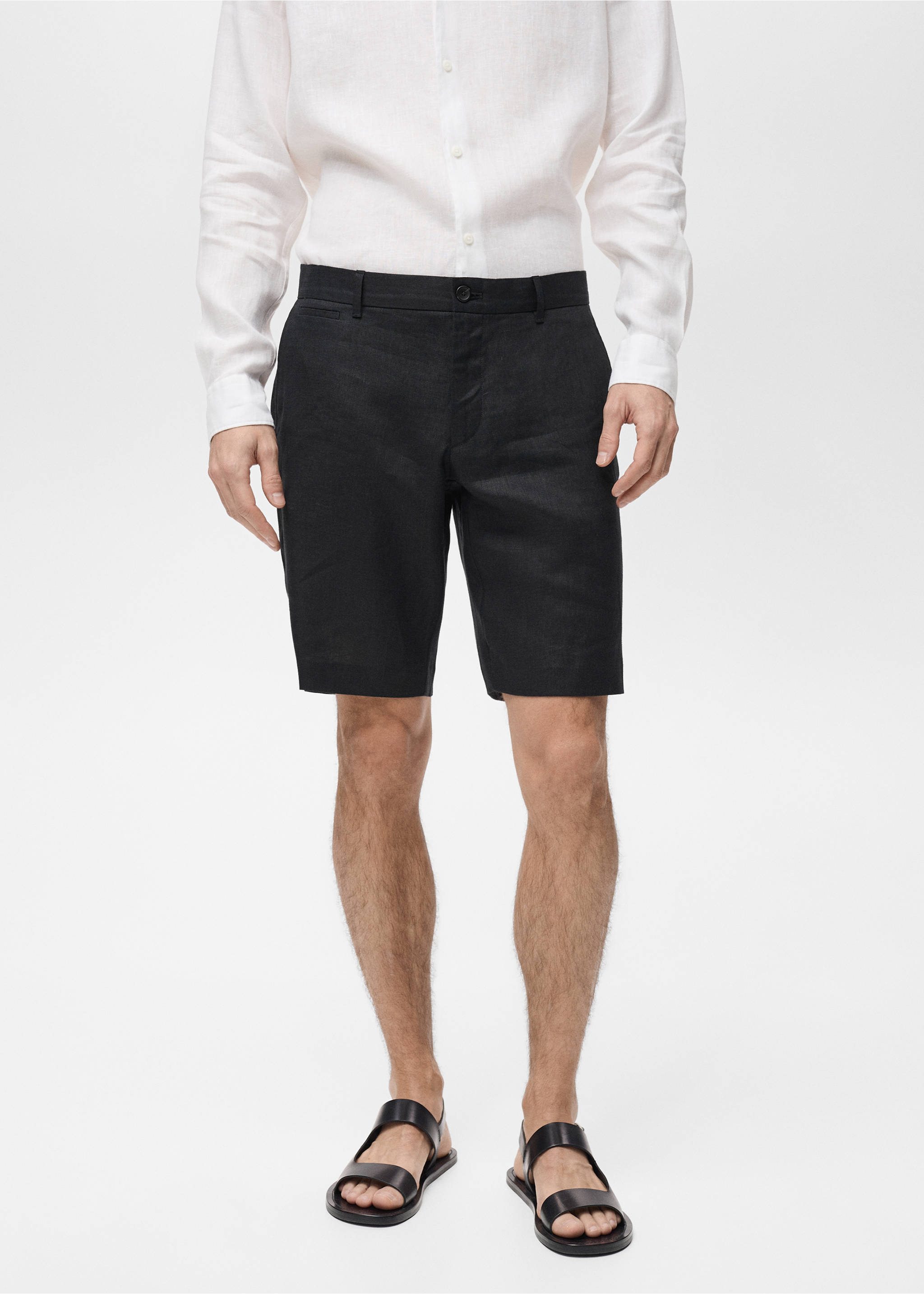 Slim-fit 100% linen bermuda shorts - Medium plane, Black. Ref: 87055919-00.