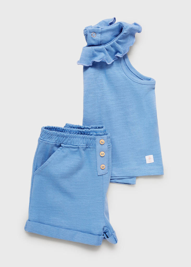 Ruffle-neck cotton t-shirt — Blue